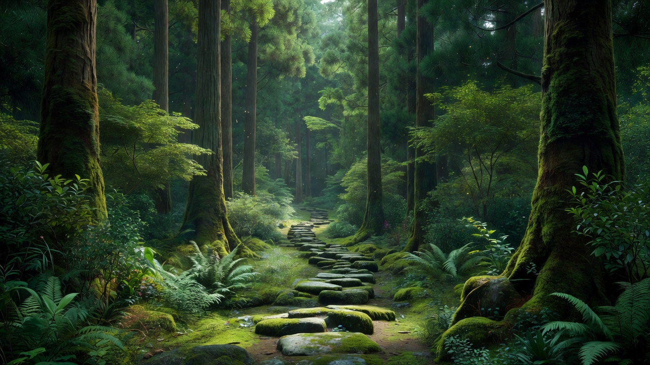森の細い苔の小径